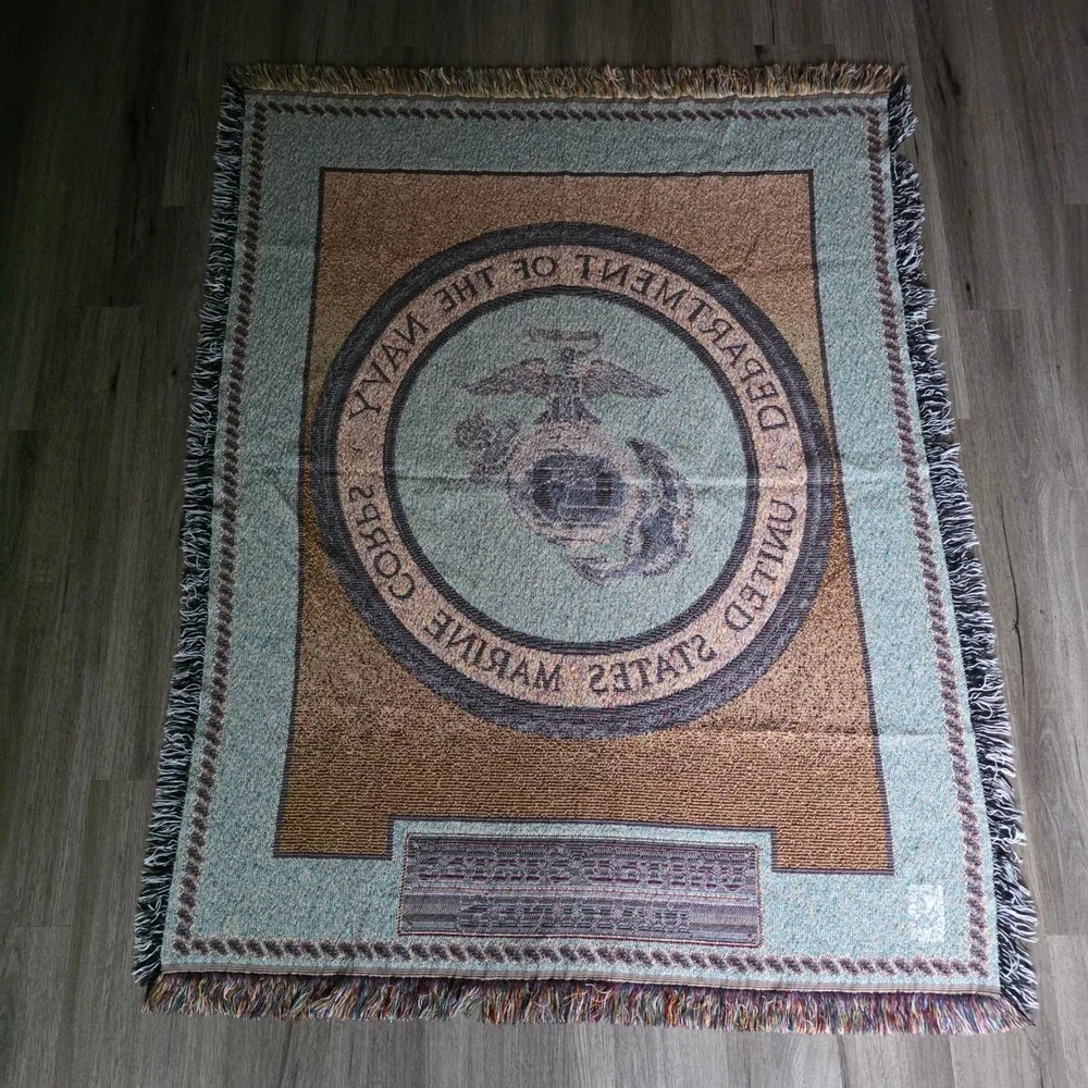 VTG US Marine USMC Department of the Navy Woven Tapestry Throw Blanket 58x46